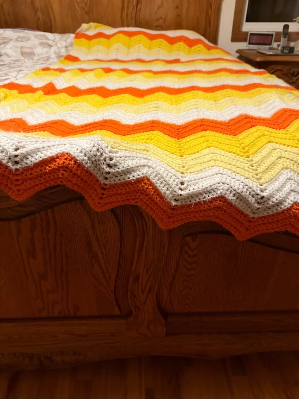 Vibrant Handmade Chevron Crochet Throw Blanket - Orange, Yellow & White Vintage
